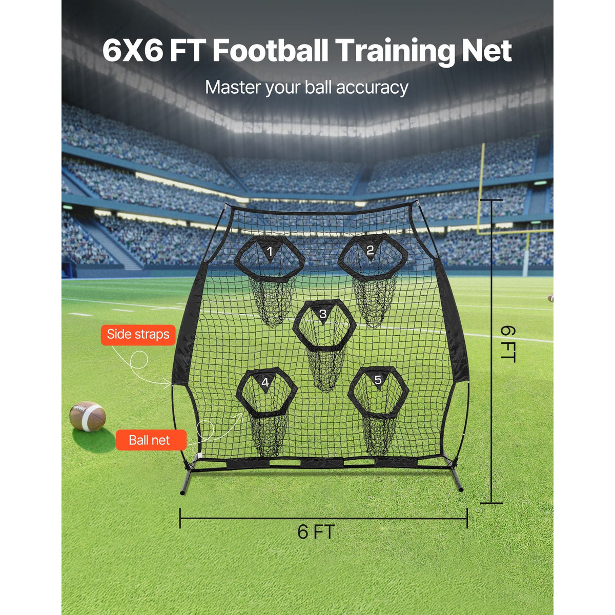6 x 6 ft Football Trainer Throwing Net, Training Throwing Target Practice Net with 5 Target Pockets, Knotless Net Includes Straps and Portable Carry Case, Improve QB Throwing Accuracy, Black