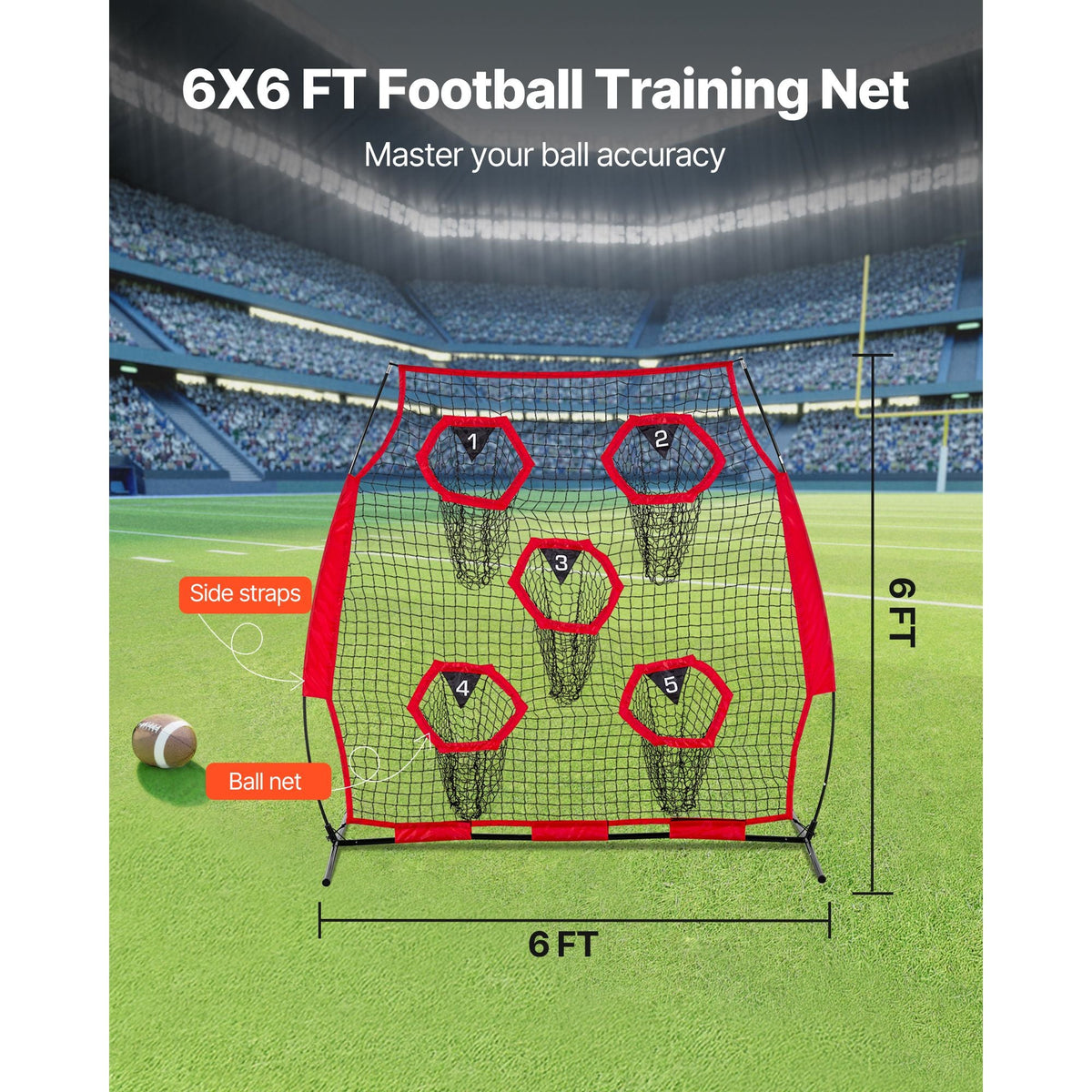 6 x 6 ft Football Trainer Throwing Net, Training Throwing Target Practice Net with 5 Target Pockets, Knotless Net Includes Straps and Portable Carry Case, Improve QB Throwing Accuracy, Red