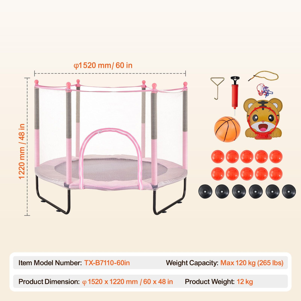 60" Kids Trampoline, 5FT Indoor Outdoor Trampoline, Mini Toddler Recreational Trampolinewith Safety Enclosure Net and Basketball Hoop, Birthday Gifts Christmas Toys for 3+ Years Children, Pink