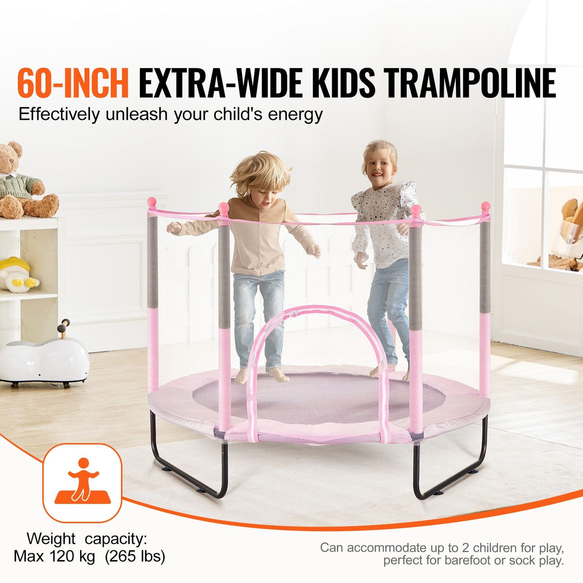 60" Kids Trampoline, 5FT Indoor Outdoor Trampoline, Mini Toddler Recreational Trampolinewith Safety Enclosure Net and Basketball Hoop, Birthday Gifts Christmas Toys for 3+ Years Children, Pink