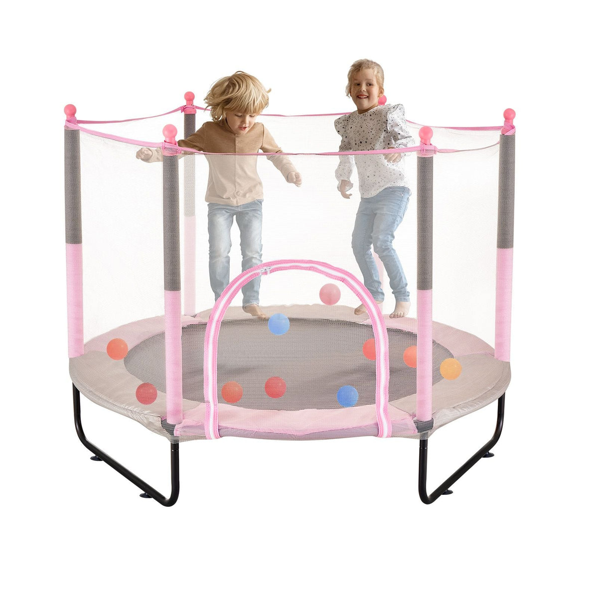 60" Kids Trampoline, 5FT Indoor Outdoor Trampoline, Mini Toddler Recreational Trampolinewith Safety Enclosure Net and Basketball Hoop, Birthday Gifts Christmas Toys for 3+ Years Children, Pink