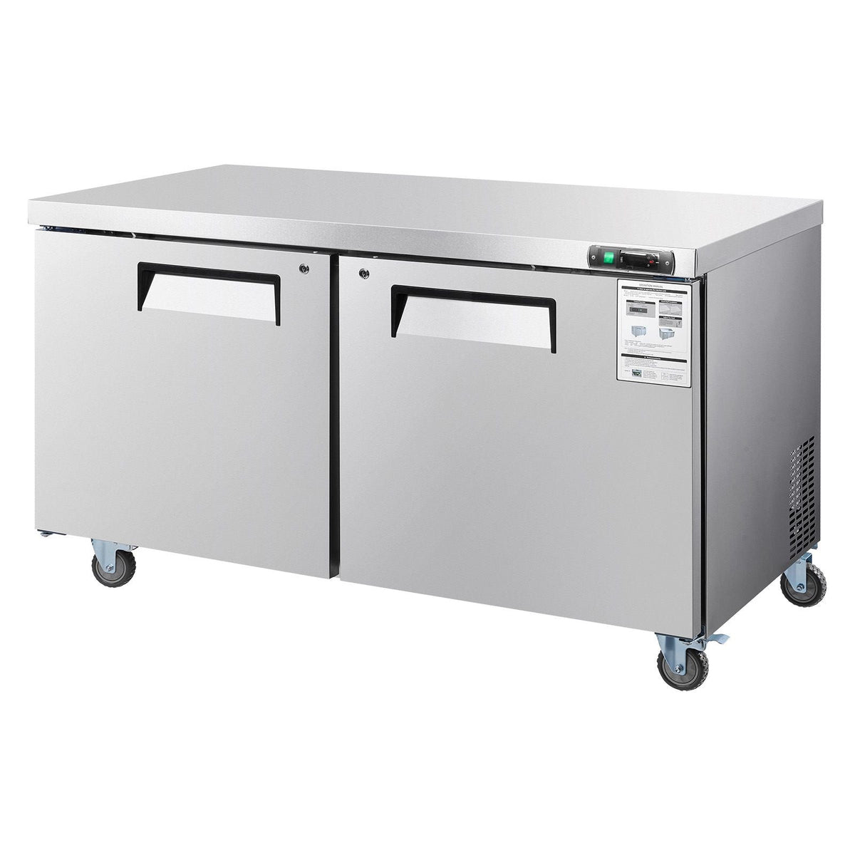 60" W Commercial Freezer, 14.8 Cu.Ft Worktop Freezers Undercounter with LED Auto Lighting and Lockable Door, 2 Doors Food Freezing Prep Worktable, Stainless Steel Prep Frozen Table with Casters