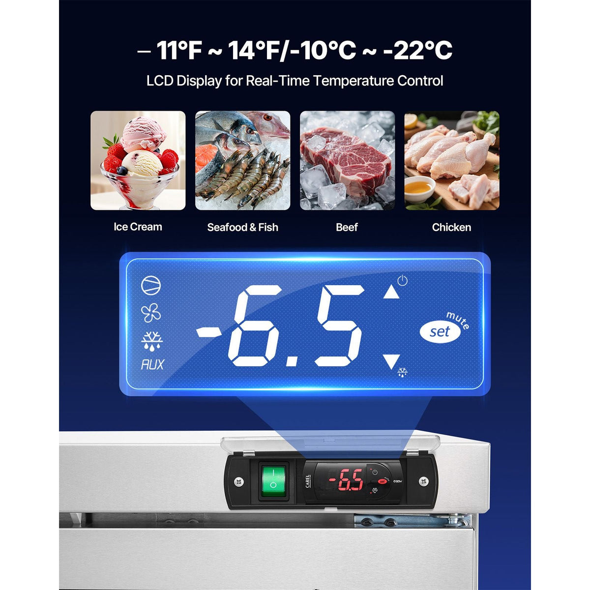 60" W Commercial Freezer, 14.8 Cu.Ft Worktop Freezers Undercounter with LED Auto Lighting and Lockable Door, 2 Doors Food Freezing Prep Worktable, Stainless Steel Prep Frozen Table with Casters