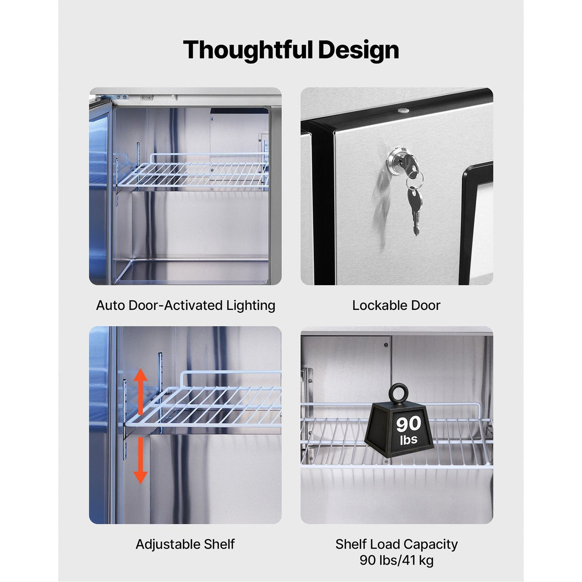 60" W Commercial Freezer, 14.8 Cu.Ft Worktop Freezers Undercounter with LED Auto Lighting and Lockable Door, 2 Doors Food Freezing Prep Worktable, Stainless Steel Prep Frozen Table with Casters