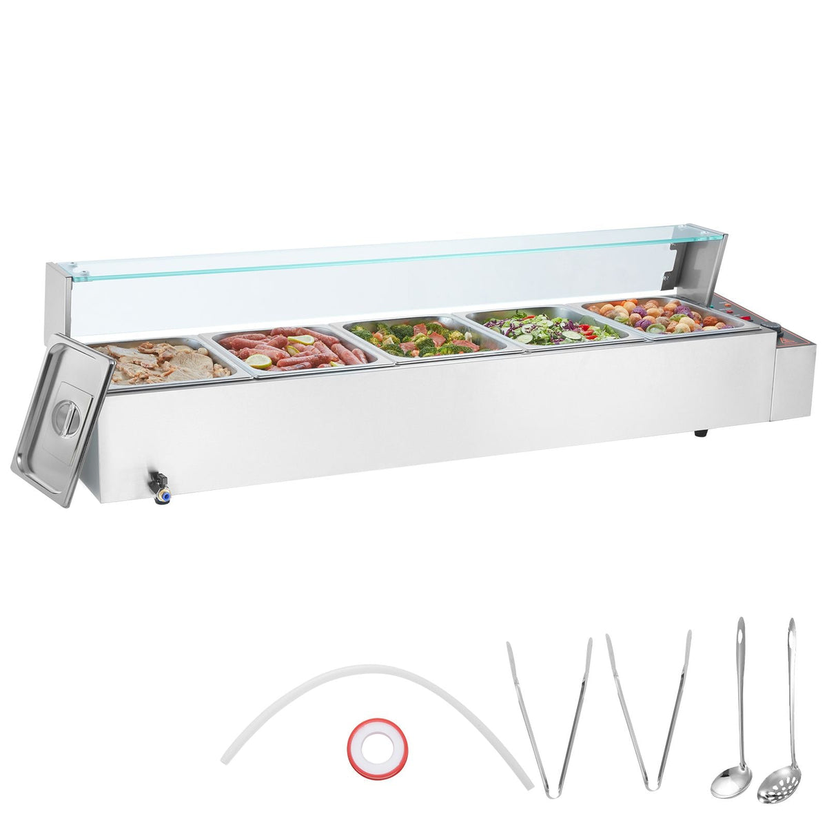 60QT Commercial Food Warmer, 5-Pan Electric Steam Table with Glass Cover, 1500W Countertop Stainless Steel Buffet Bain Marie with 86-185 Fahrenheit Temp Control