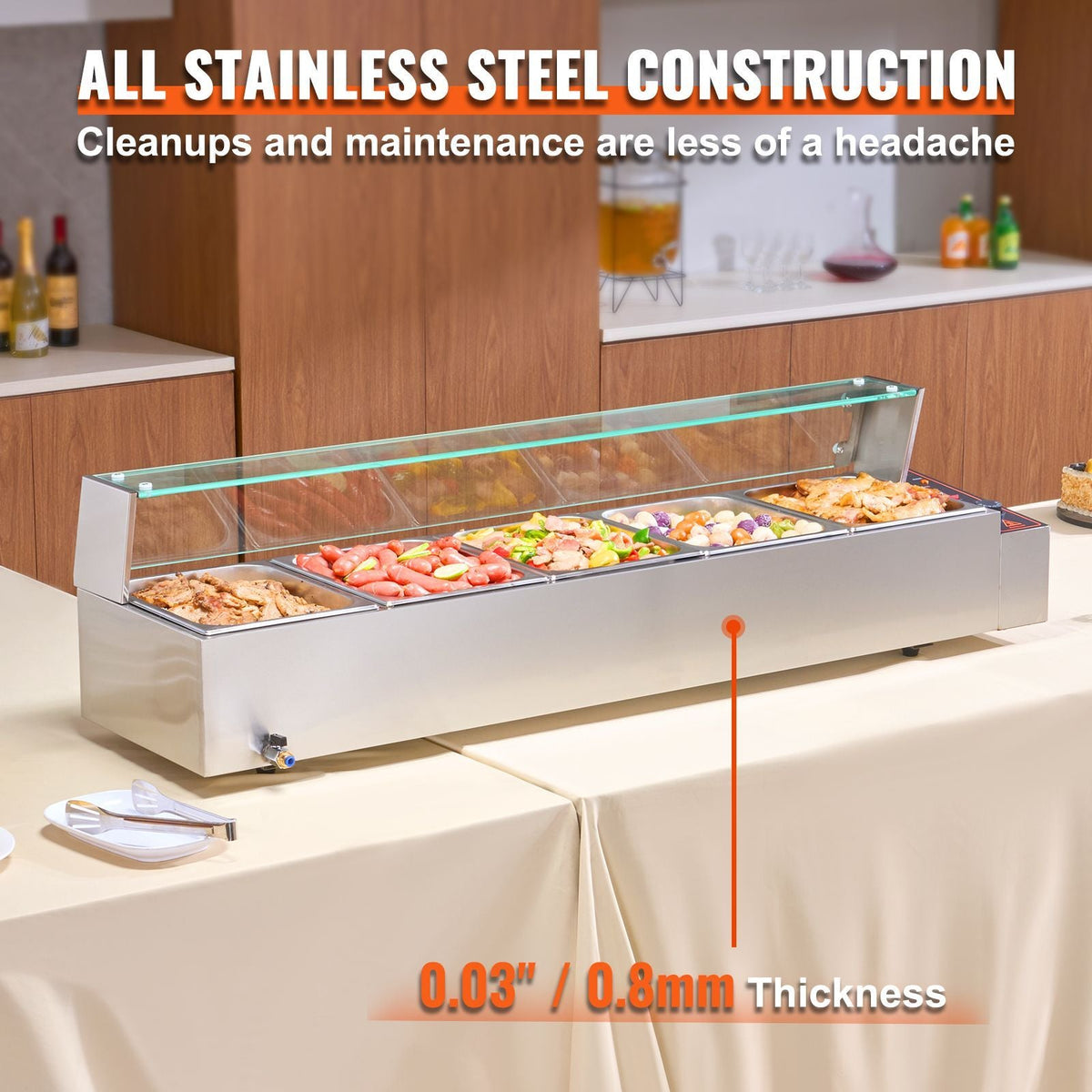 60QT Commercial Food Warmer, 5-Pan Electric Steam Table with Glass Cover, 1500W Countertop Stainless Steel Buffet Bain Marie with 86-185 Fahrenheit Temp Control