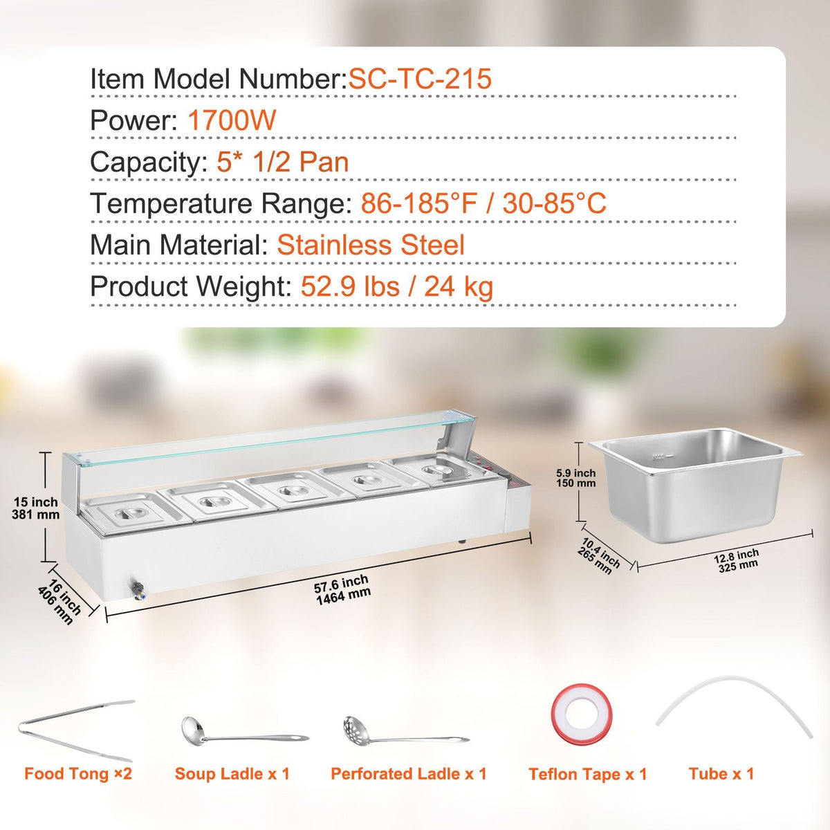 60QT Commercial Food Warmer, 5-Pan Electric Steam Table with Glass Cover, 1500W Countertop Stainless Steel Buffet Bain Marie with 86-185 Fahrenheit Temp Control