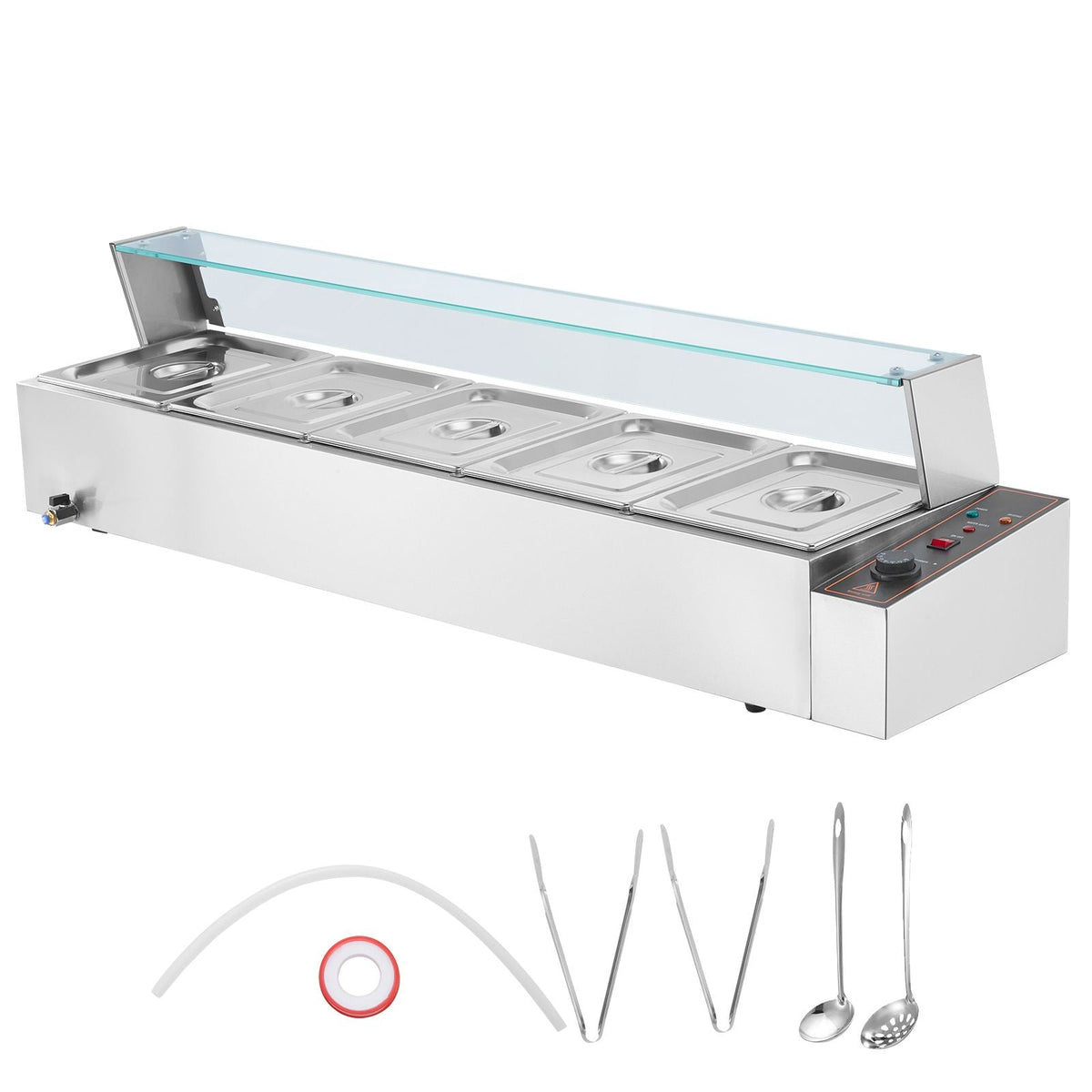 60QT Commercial Food Warmer, 5-Pan Electric Steam Table with Glass Cover, 1500W Countertop Stainless Steel Buffet Bain Marie with 86-185 Fahrenheit Temp Control