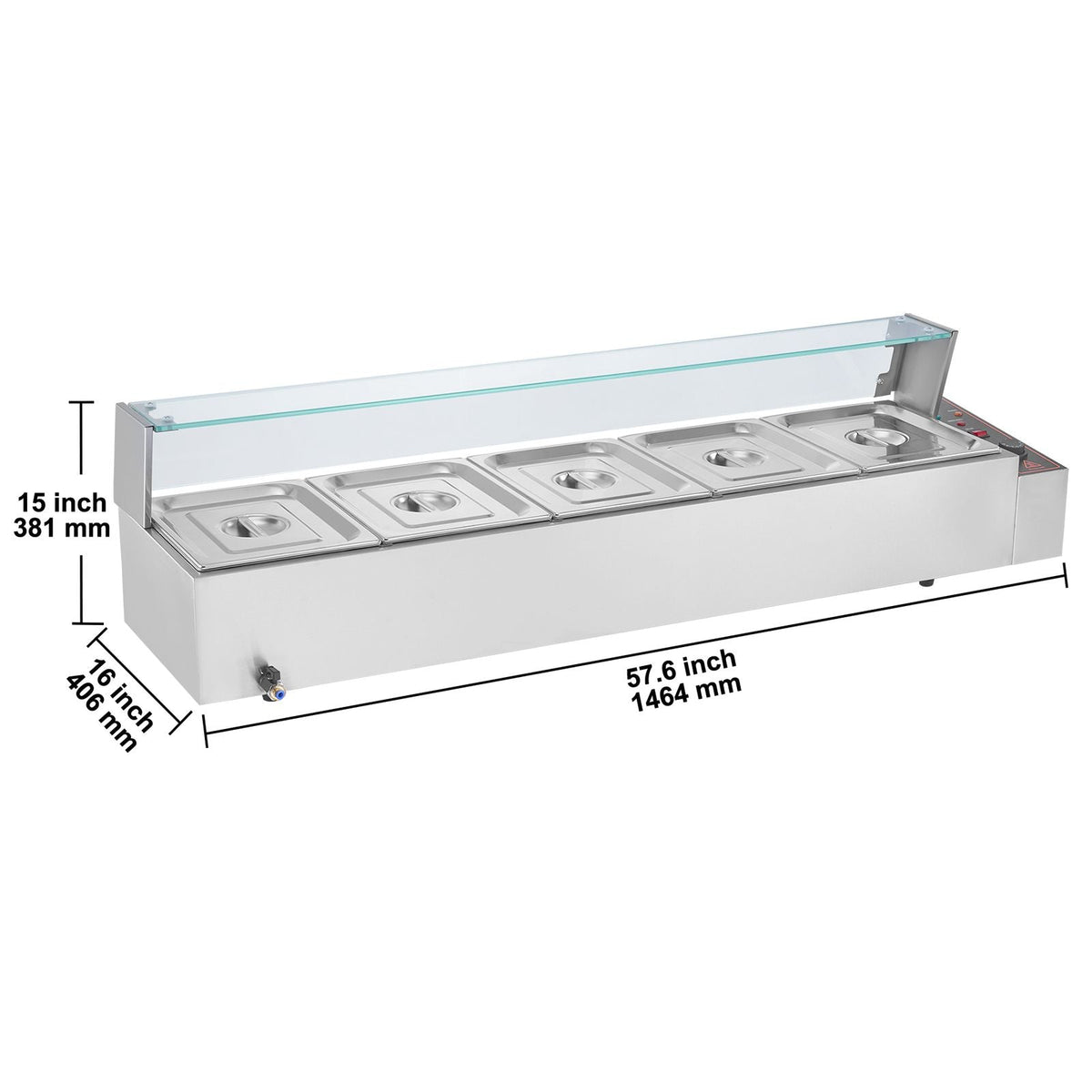 60QT Commercial Food Warmer, 5-Pan Electric Steam Table with Glass Cover, 1500W Countertop Stainless Steel Buffet Bain Marie with 86-185 Fahrenheit Temp Control