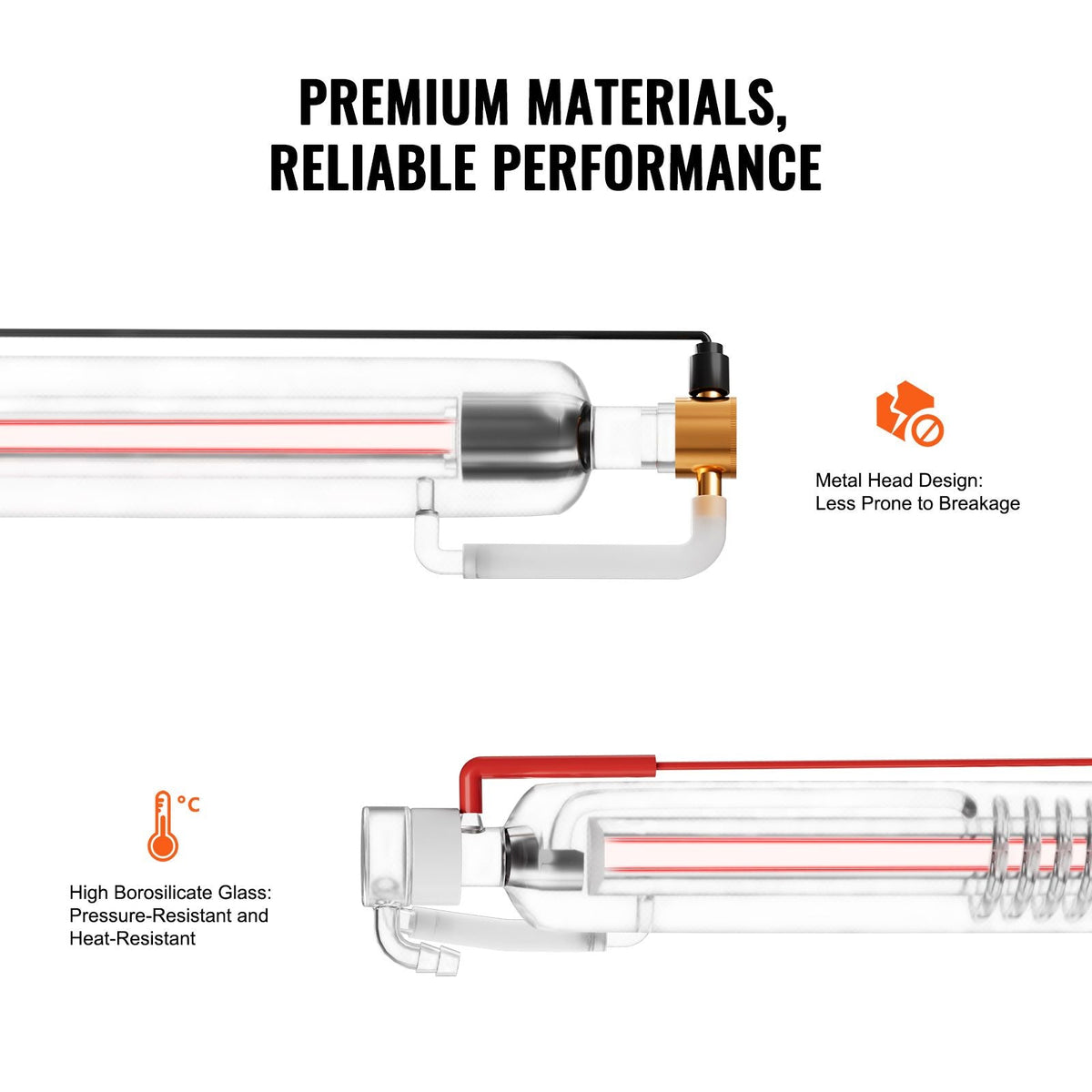 60W CO2 Laser Tube, 49.2 in (1250 mm) Length, 2 in (55 mm) Dia Borosilicate Glass Laser Cutter Tube with Metal Head, 5000-6000hr Wires Preconnected for Laser Engraver Engraving Cutting Machine