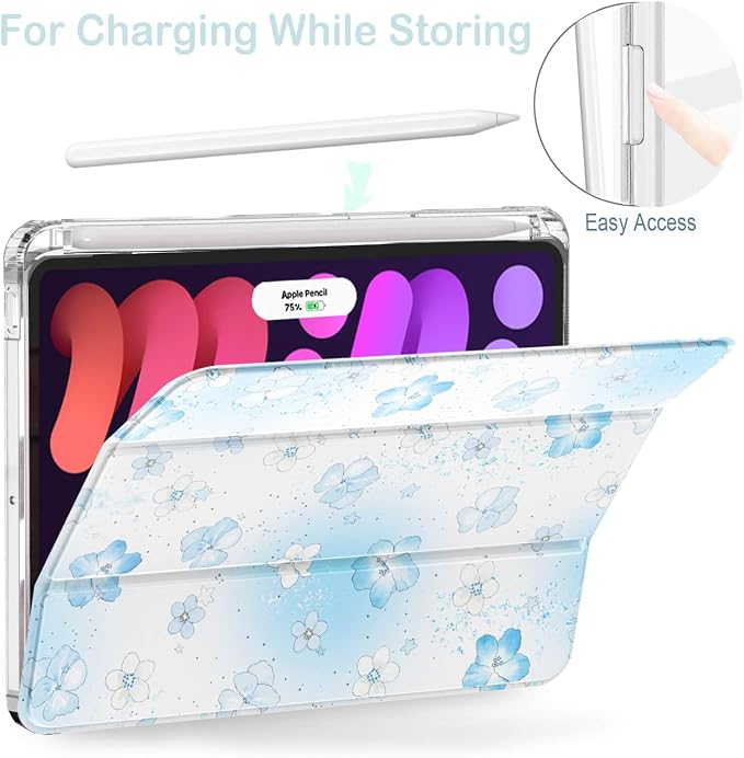 Feams Case for iPad mini 7 A17 Pro 2024/iPad Mini 6 2021 Slim Lightweight Trifold iPad mini 7 A17 Pro Case 8.3 Inch 2024 Clear Back Cover with Pencil Holder &amp Auto Sleep Blue Bow