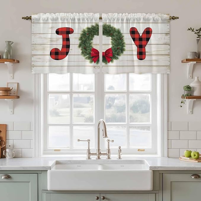 Christmas Wreaths Kitchen Tier Curtains 24 Inch Long 2 Panel Set, Rod Pocket