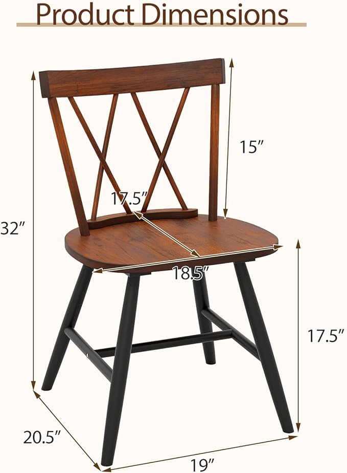 Giantex Windsor Dining Chairs Set of 2, Farmhouse Wooden Kitchen Chair w/Cross Back, Wide Seat, Rubber Wood Frame, Armless Side Chairs for Kitchen, Dining Room, Living Room, Restaurant, Dark Oak