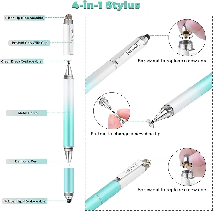 Penyeah Stylus 4-in-1 Stylus Pen for Touch Screen High Precision and Sensitivity DiscMesh2 Sized Rubber Tips Universal for iPhone/iPad/Android/Samsung/HP Tablets All Capacitive Touch Screens-Blue