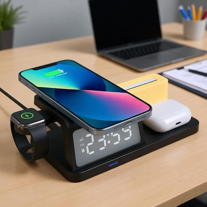 IHAO 3in1 Multifunctional Foldable Wireless Charging Station with LED Ambient Night Light Fast QC3.0 Charger for Phone iWatch Headphone Space-Saving Auto-Shutoff &amp Overcharge Protection-Black