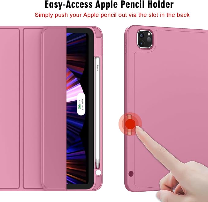 New iPad Pro 11 Inch Case 2022(4th Gen)/2021(3rd Gen)/2020(2nd Gen) with Pencil HolderSmart iPad Case [Support Touch ID and Auto Wake/Sleep] with Auto 2nd Gen Pencil Charging (Deep Pink)