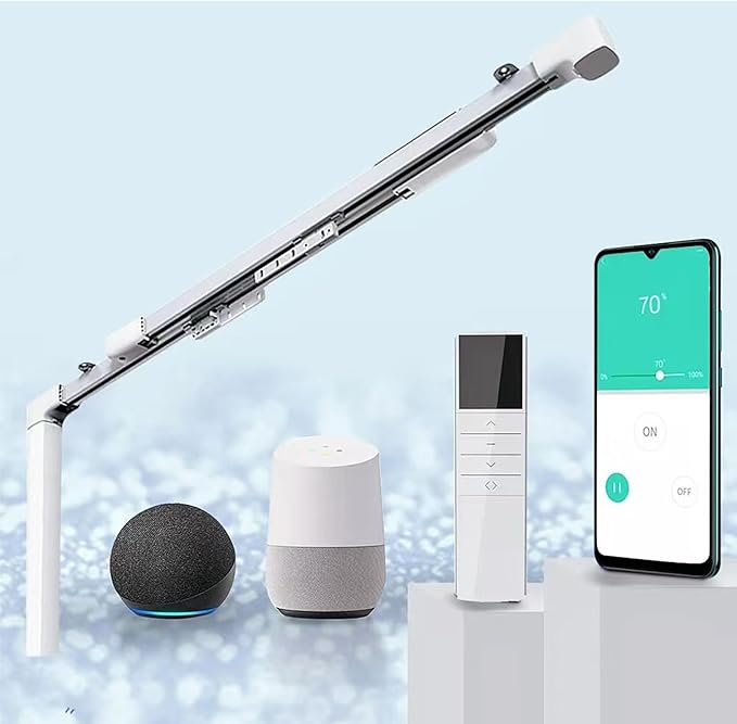 TIPIACE Rechargeable Motorized Curtain tracks to Remote Control Ceiling Mount Electric Retractable Curtain Rail Compatible with Alexa Google Home via Hub (L 66.9-118 inch)