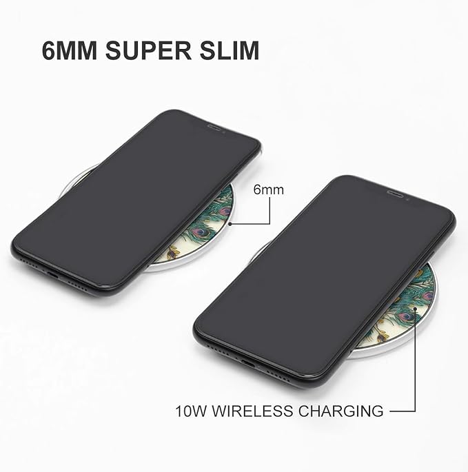 Peacock Pattern Wireless Charger 10W Fast Charging Pad Anti-Slip Qi Certified Wireless Charging Pad Charging Station Portable Phone Charger for All Wireless Charging Smartphone