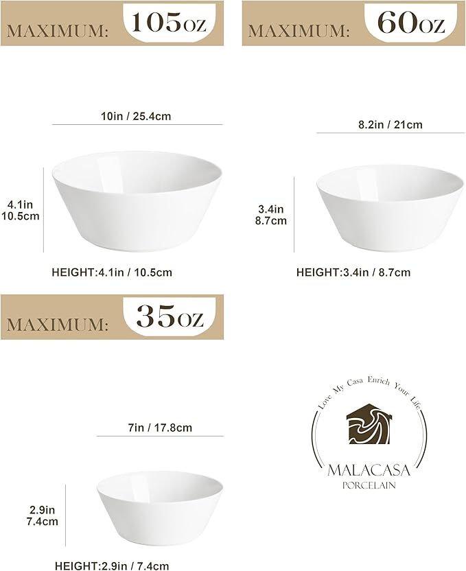 MALACASA Serving Bowls, Ceramic Mixing Bowls for Kitchen, 105/60/35 OZ White Bowls Set of 3, Microwave and Dishwasher Safe, Series Regular