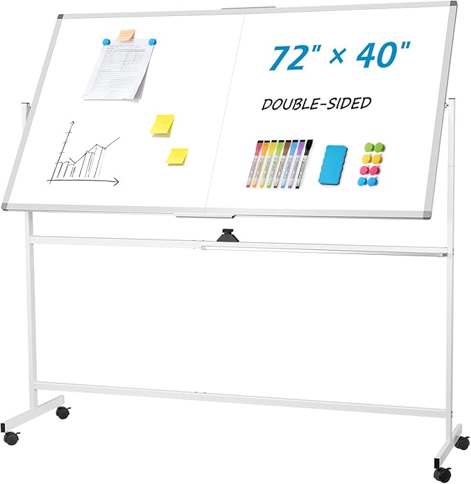 Large Rolling Whiteboard Dry Erase, 72" x 40" Double-Sided Mobile White Board with Stand, Giant Magnetic Dry Erase Board on Wheels for Office, Home & School
