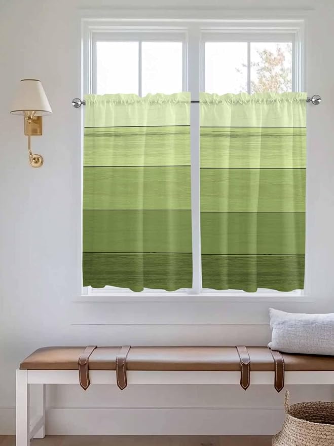 Gradient Green Wooden Board Window Valance Curtains, Retro Country Wood Grain