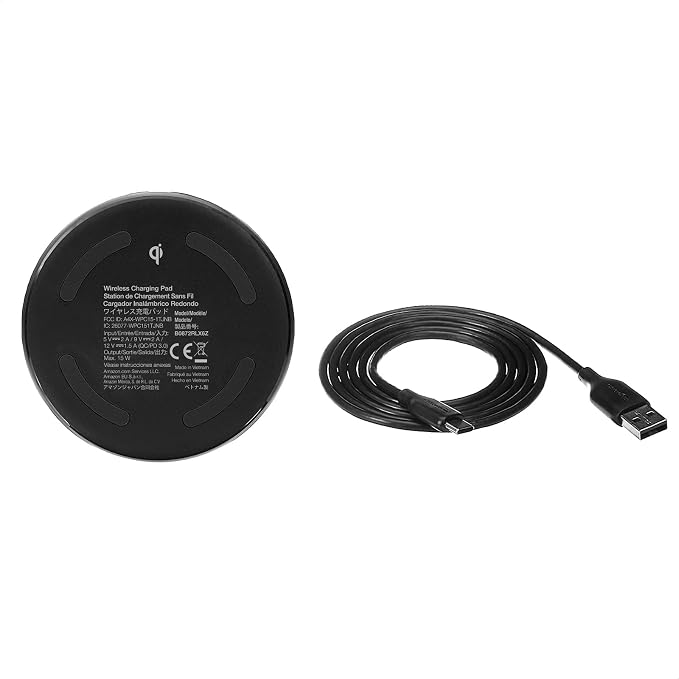 Amazon Basics Wireless Charger 15W Qi Certified Wireless Charging Pad with USB Cable Compatible with iPhone 15/14/13/12/11/X Samsung &amp LG Case Compatible Black