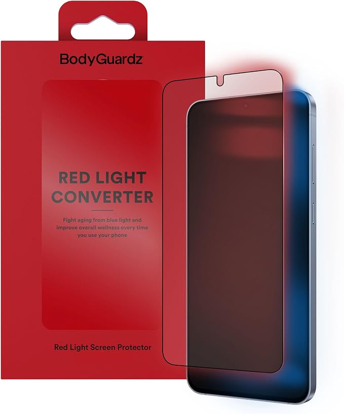 BodyGuardz Red Light Converter Screen Protector – Passive Red Light Therapy for Face - Promotes Better Sleep Healthier Skin Reduced Eye Strain – 9H Tempered Glass Easy Install (Galaxy S26)