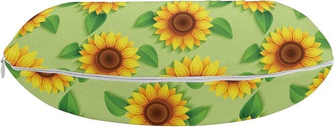 Ambesonne Floral Yellow Travel Pillow Neck Rest, Sunflowers with Leaves Summer Vibes, Memory Foam Traveling Accessory for Airplane and Car, 12", Pistachio Green Redbrown