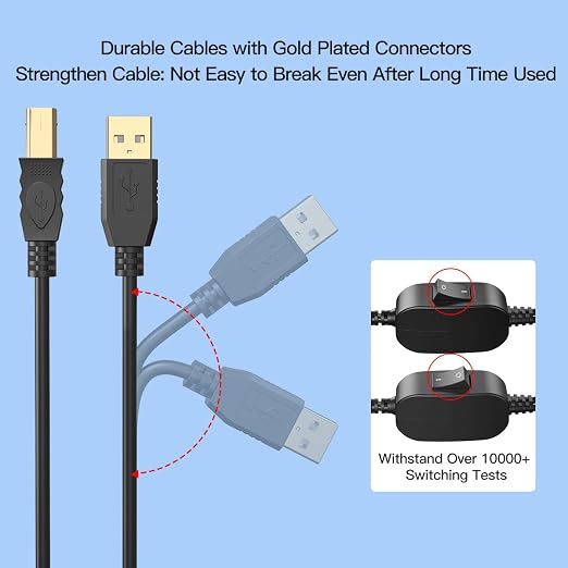 2 in 1 Printer Cable to USB 5 ft 1.5 m USB A to B Male to Male Printer Cable Splitter for Two Computers Compatible MacBook Pro HP Canon