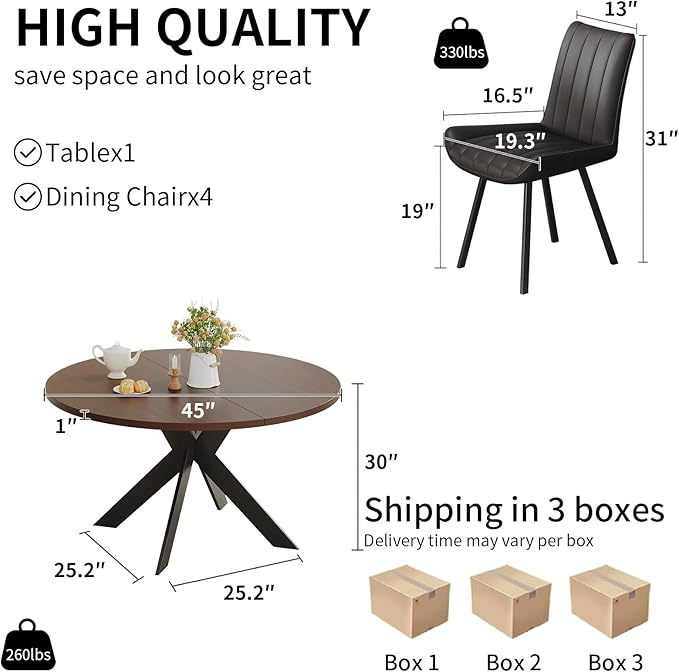 45.3" Walnut Round Dining Table Set with 4 Chairs – Mid-Century Modern Small-Space Kitchen & Dining Room Furniture for Apartment or Breakfast Nook (Walnut – Table + 4 Black Chairs)
