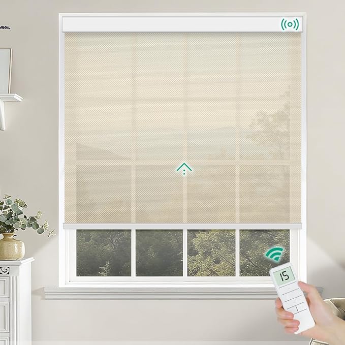 Kilonity Motorized Roller Shades, Light Filtering Remote Control Custom Window Shades Compatible with Alexa Google Assistant via RF Hub, Rechargeable Electric Blinds for Windows (Fireproof Beige)