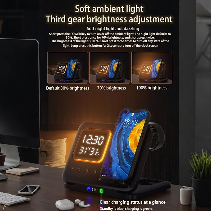IHAO 3in1 Multifunctional Foldable Wireless Charging Station with LED Ambient Night Light Fast QC3.0 Charger for Phone iWatch Headphone Space-Saving Auto-Shutoff &amp Overcharge Protection-Black