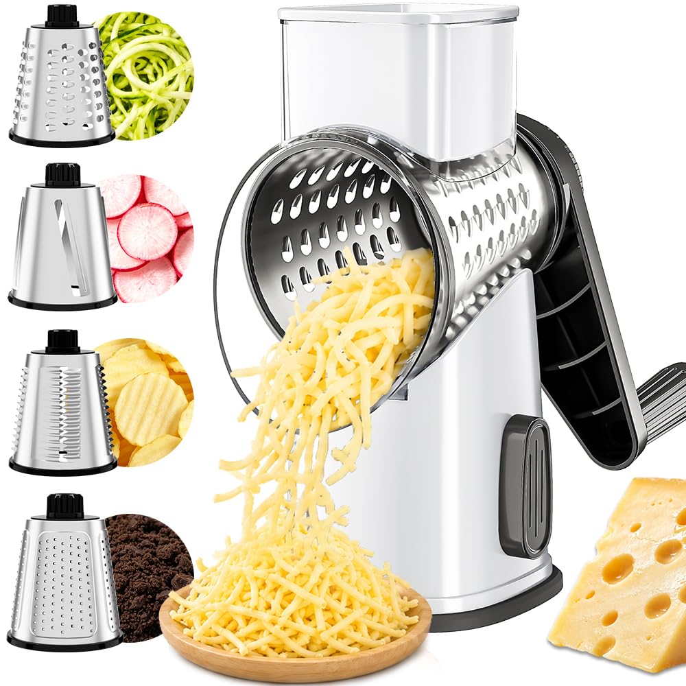 VEKAYA Rotary Cheese Grater Hand Crank, Large Drum Cheese Shredder (red)