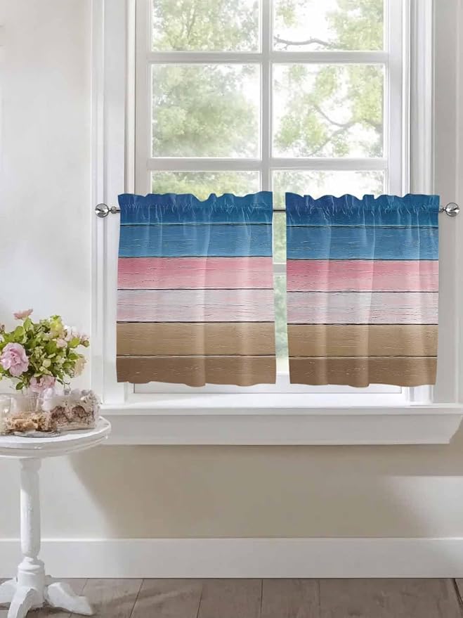 Blue Pink Brown Gradient Wood Grain Window Valance Curtains, Vintage Wood Board