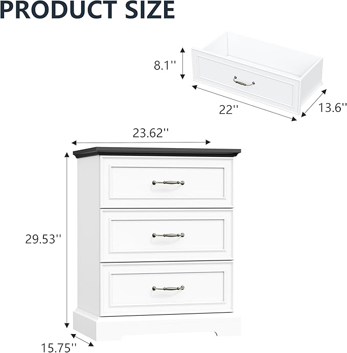 Nightstand with 3 Large Drawers,24" Wide End Table with Metal Handles,Rustic Farmhouse Wood Small Dresser,Bedside Table,Modern Chest of Drawers for Bedroom,Living Room,White