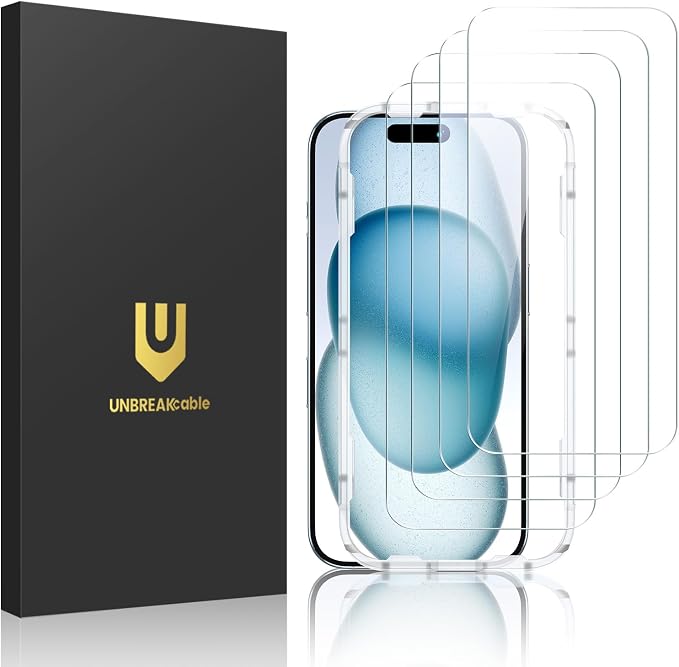 UNBREAKcable 4-Pack iPhone 15 Screen Protector 9H Hardness | 9H tempered glass | 99.99% HD clarity | Double Shatterproof|alignment frame easy install | case-friendly