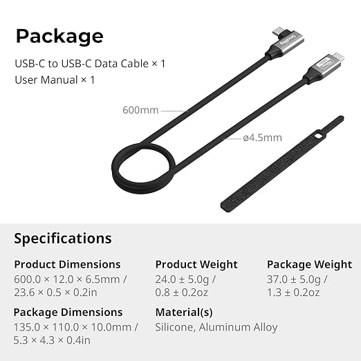 SMALLRIG USB4 40Gbps USB-C Cable 240W PD 3.1 Fast Charging 8K@60Hz Video 100cm/39.4in Straight to Angled Connectors with Cable Tie for MacBook Pro for iPad Pro for iPhone 17/16/15 Series - 5732