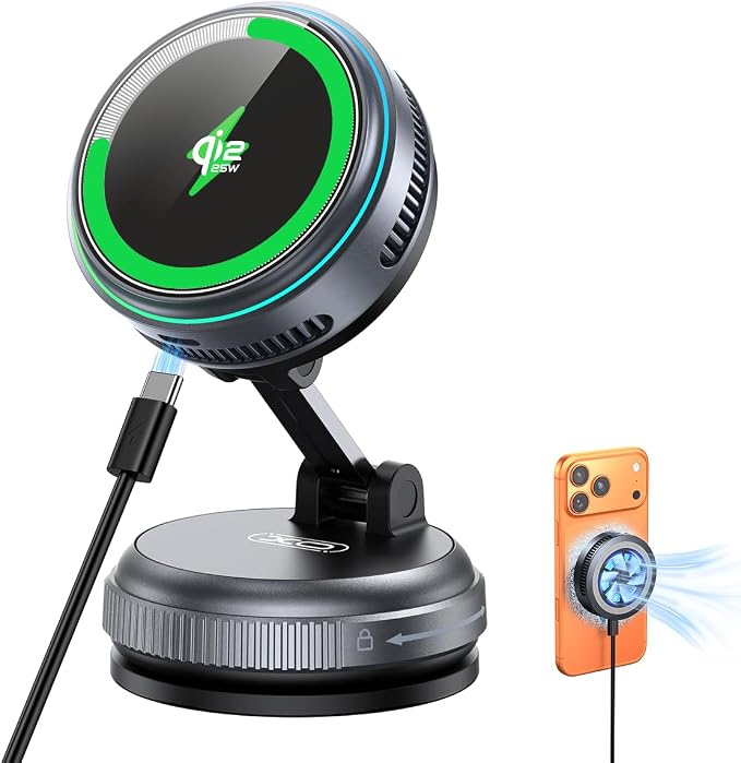 Qi2.2 Wireless Charger【25W Fast Charging+Cooling Fan】 Magnetic Charger Pad with 2 ModesLED Light Phone Holder Fast Charging Compatible with iphone17/16/15/14/13/12 Series (with 45W Adapter)