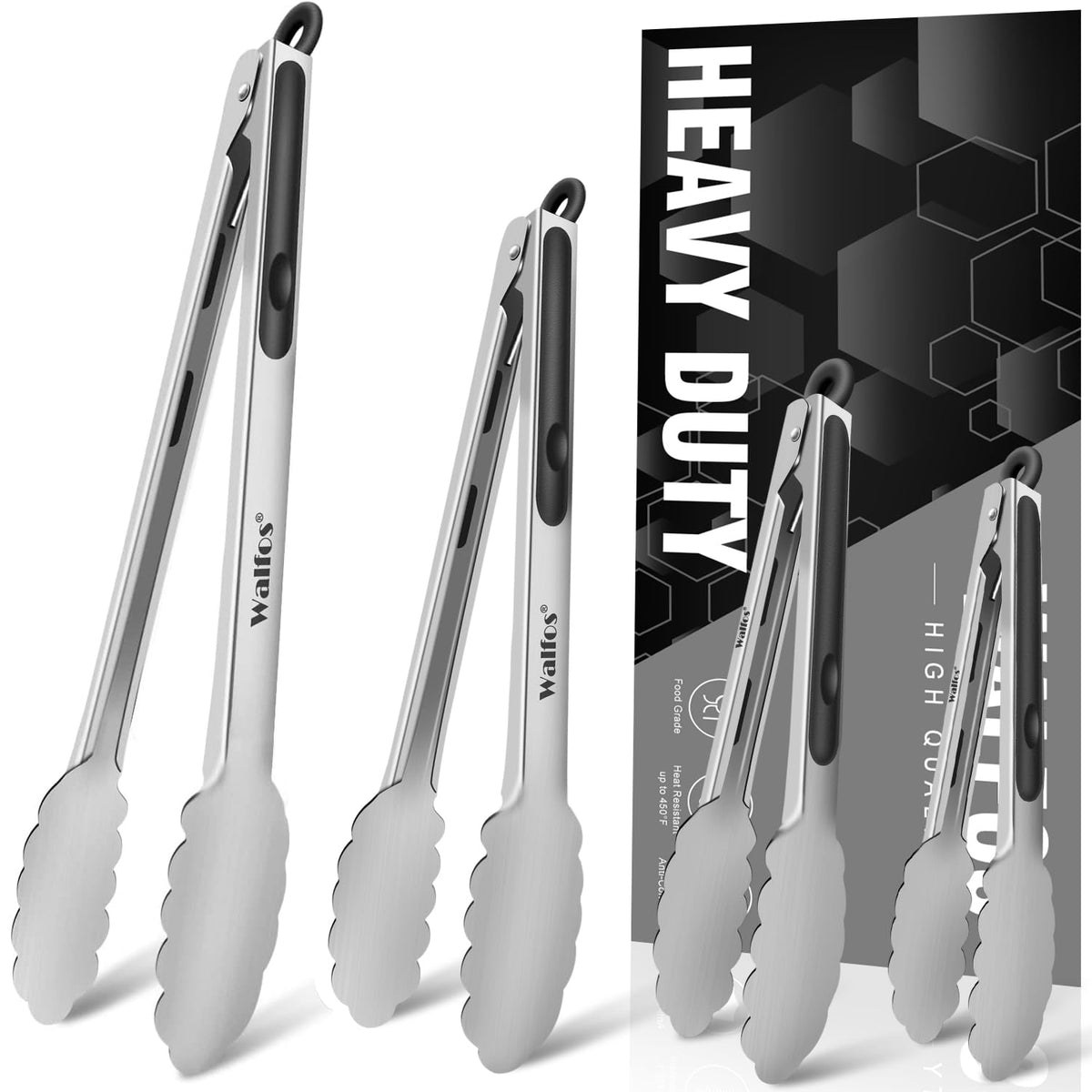 Walfos Stainless Steel Kitchen Tongs for Cooking, BBQ - 7 ，9, 12 and 14 Inch,Set of 4 Heavy Duty Locking Metal Food Tongs Non-Slip Grip