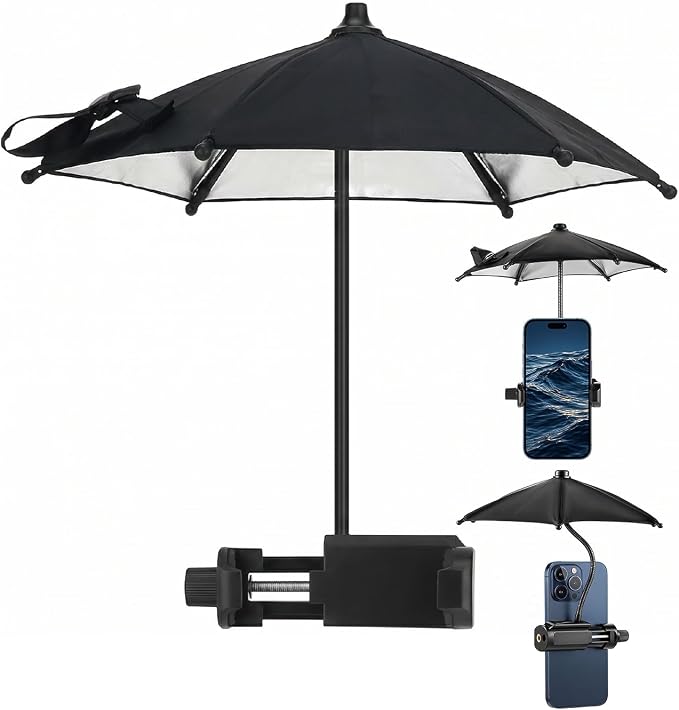 Strong Phone Sunshade Umbrella for iPhone/Android with Sturdy Clip - 360 Adjustable Mini Tanning Shade Cover - UPF 50+ UV Protection - Ultra-Lightweight &amp Compact - Black
