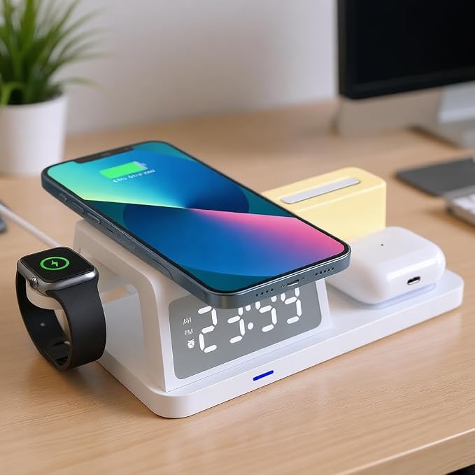 IHAO 3in1 Multifunctional Foldable Wireless Charging Station with LED Ambient Night Light Fast QC3.0 Charger for Phone iWatch Headphone Space-Saving Auto-Shutoff &amp Overcharge Protection-Black
