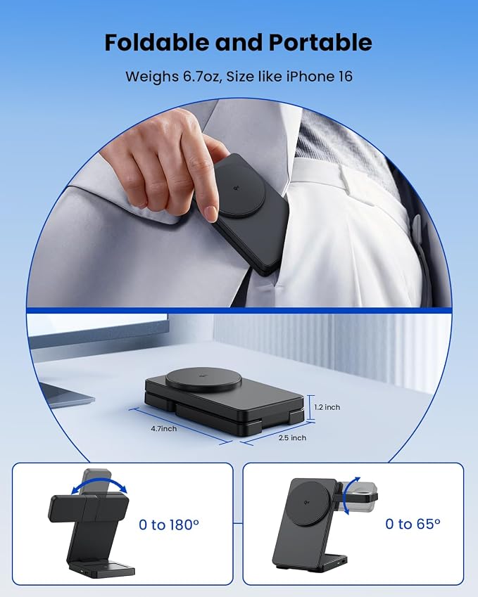 Wireless Charger Stand CIYOYO 3 in 1 Fast Wireless Charging Station Dock for Apple Watch 11/9/8/7/6/SE/5/4/3/2 Airpods 3/2/Pro iPhone 17/16/15/14/14 Plus/14 Pro Max/13/13 Pro/12/12 Pro/SE/X/XR/XS/8