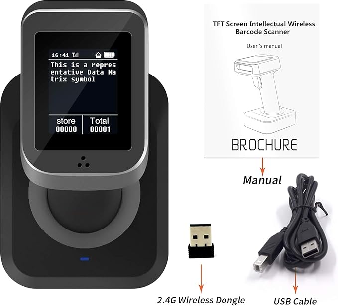 Symcode 2D QR Bluetooth Barcode Scanner with Screen Display with Charging Base,3 in 1 Compatible with Bluetooth & 2.4GHz Wireless & Wired Connection with 1.8 inch TFT Color LCD Screen