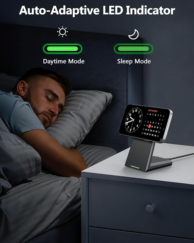 NANAMI 25W Magnetic Wireless Charger Stand with 30W PD Adapter for iPhone | Compatible with iPhone 17/16/15/14/13 N52 Alignment 360° Adjustable Design Auto-Dim LED Cooling System &amp Safety Prote