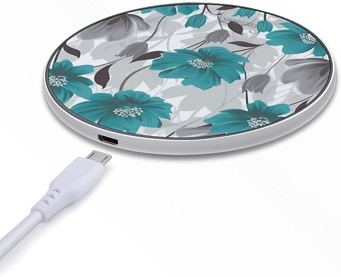 Teal Grey and White Floral1 Wireless Charger Aluminum Alloy Frame 10W Fast Charging Pad with Indicator Light 6mm Thin &amp Portable Wireless Charging Pad for Travel Home Office Desk