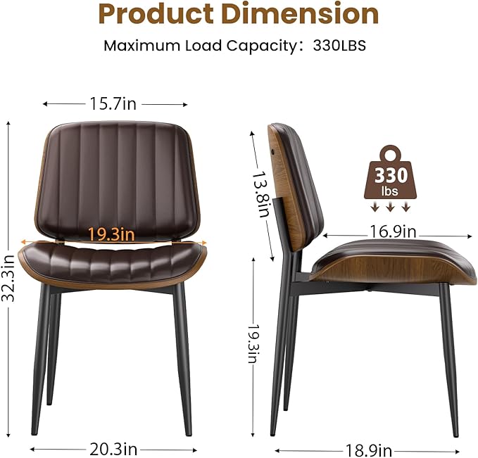 Dining Chairs Set of 4, Mid Century Modern Dining Room Kitchen Chairs, Upholstered PU Leather Vertical Stripe Chairs for Vanity with Walnut Bentwood and Metal Legs, Brown