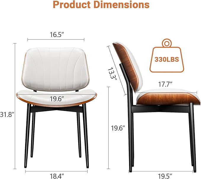 Dining Chairs Set of 6, Dining Room and Kitchen Chairs, FSC Certified Mid Century Modern Accent Chair, Upholstered PU Leather Chairs for Vanity with Walnut Bentwood and Metal Legs, White