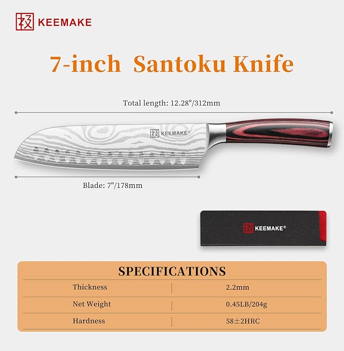 KEEMAKE 7" Santoku Knife, Razor Sharp Chef Knife with Ergonomic Handle