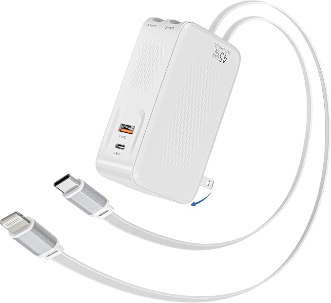 Retractable iPhone Charger45W 4 in 1 Retractable Phone Charger Wall Plug with USB C and Lightning Cable Fast Charging Block with Dual Port(USB C+USB A) for iPhone 17/Air/16/15/14/13iPadGalaxy S26