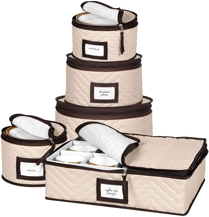 China Storage Containers 5-Piece Set Moving Boxes for Dinnerware, Glasses, Plates, Mugs and Saucers Sturdy Quilted Microfiber Dish Organizer with Dividers for Seasonal Storage - Holds Set of 12